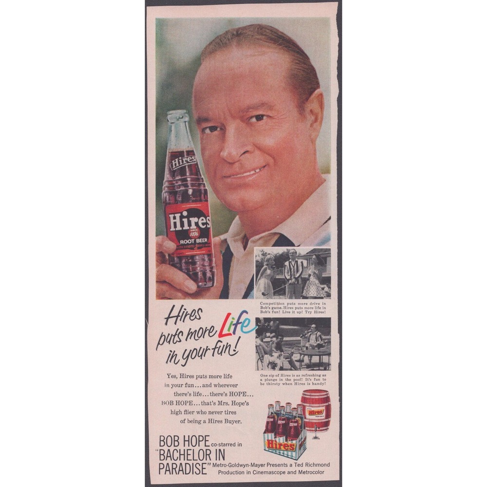 Vintage 1961 Hires Root Beer Print Ad Bob Hope Bachelor in Paradise 5.3x13